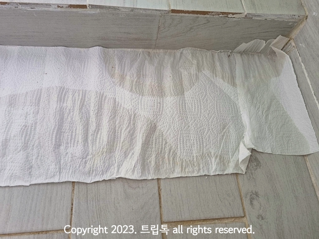 타일 틈아이와 바닥에 물기를 하얀 휴지가 흡수하고 있다