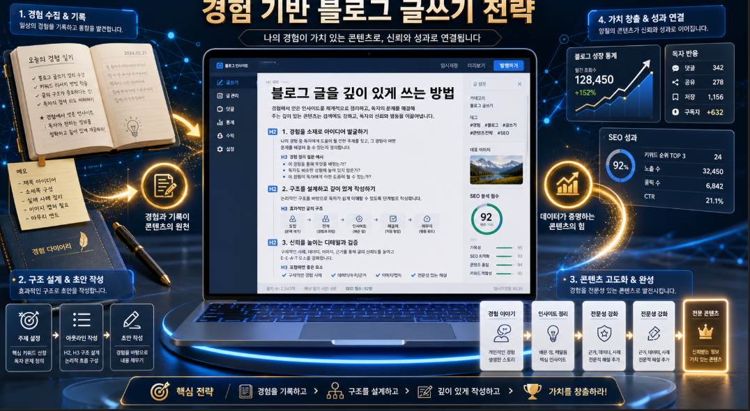 블로그 글을 깊이 있게 쓰는 방법과 경험 기반 글쓰기 전략을 설명하는 대표 썸네일 이미지