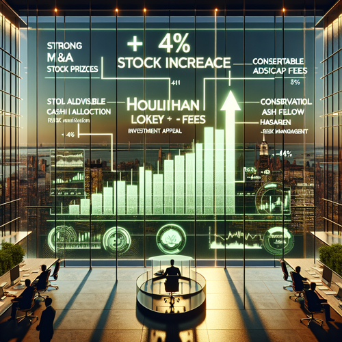 alt="Houlihan Lokey 주가 44% 상승의 비결을 보여주는 인포그래픽: 상승 추세 주가 차트, 핵심 투자 매력 포인트 아이콘, 회사 로고"