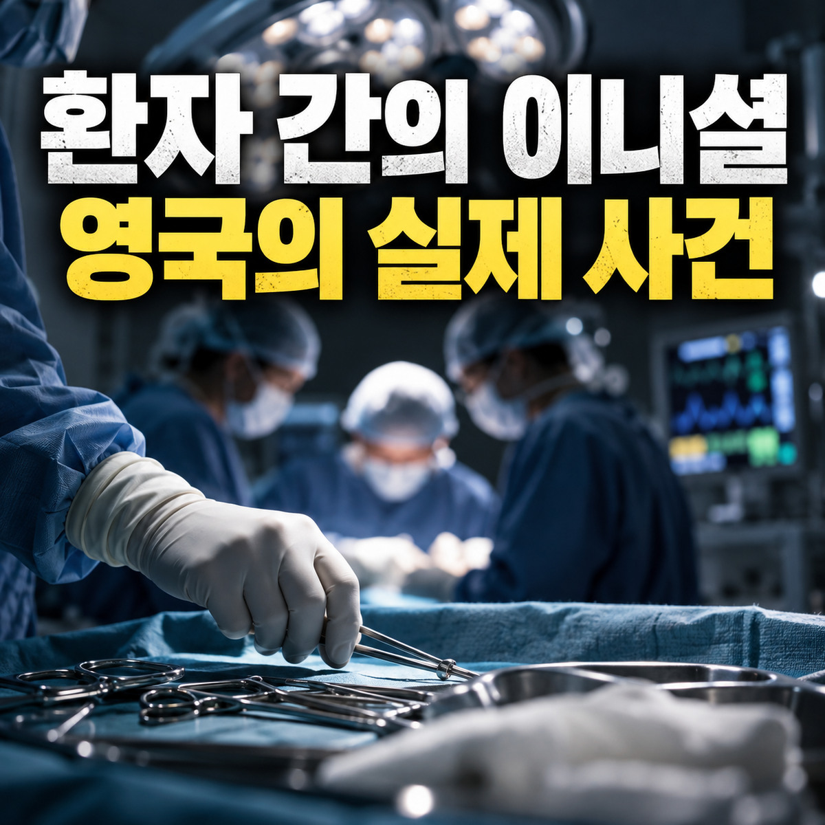 수술실 장면 위에 '환자 간의 이니셜'과 '영국의 실제 사건'이라는 한국어 문구가 배치된 대표 이미지