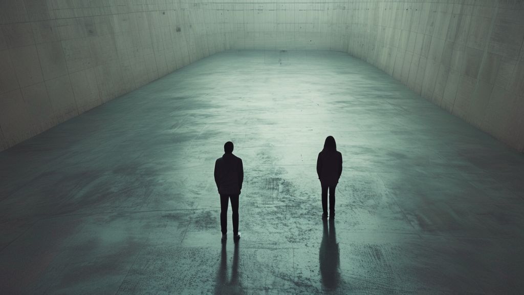 어두운 공간에 서 있는 두 사람