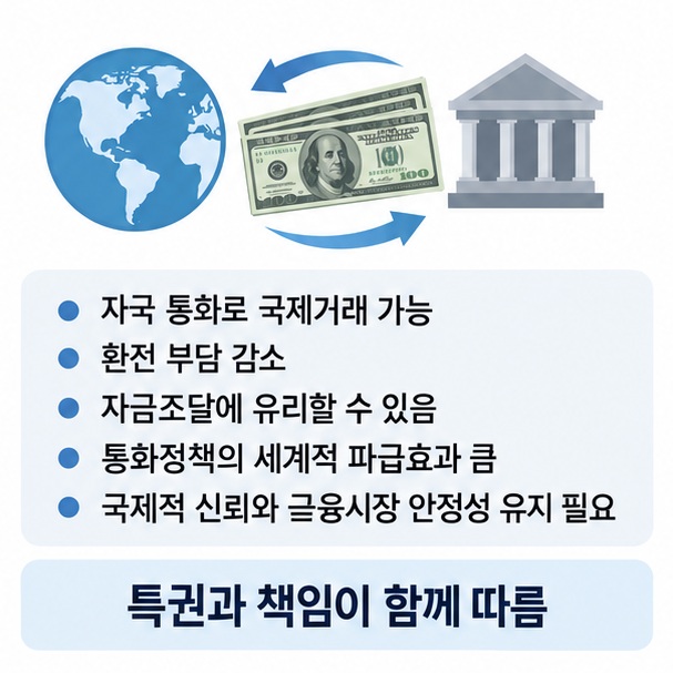 기축통화 발행국의 장점과 부담으로 환전 부담 감소 자금조달 유리 글로벌 파급효과 통화정책 책임을 정리한 이미지