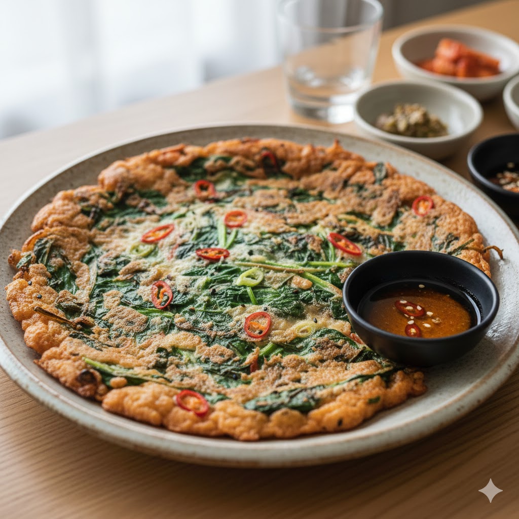 시금치를 통째로 듬뿍 넣어 노릇노릇하고 바삭하게 부쳐낸 향긋하고 달큰한 시금치전