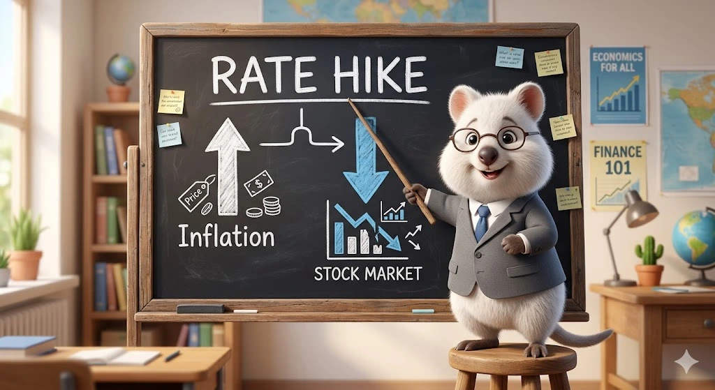 정장을 입은 하얀 쿼카가 칠판 앞에서 "RATE HIKE"라는 타이틀과 인플레이션 상승이 주식 하락으로 이어지는 그림을 설명하는 모습.