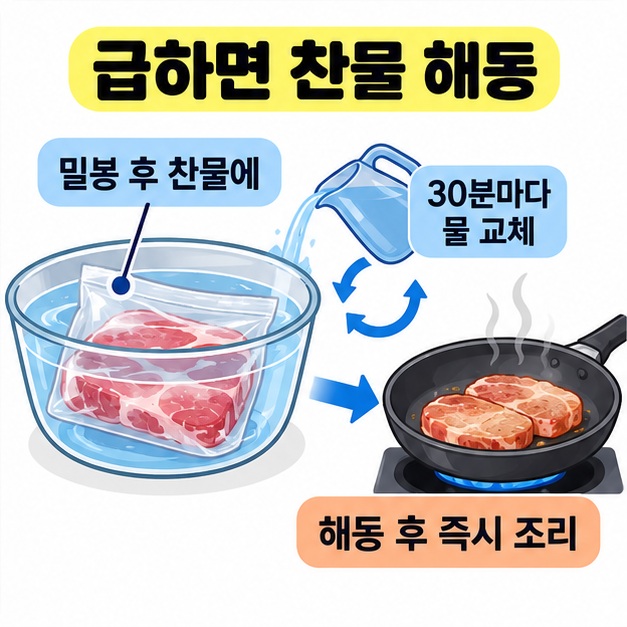 밀봉한 고기를 찬물에 담가 30분마다 물을 교체한 뒤 즉시 프라이팬에서 조리하는 과정을 화살표로 연결한 모습