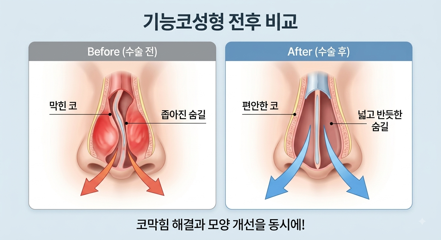 기능코성형 수술 전후 휘어진 비중격 연골 교정 및 좁아진 숨길 개선 전후 비교도