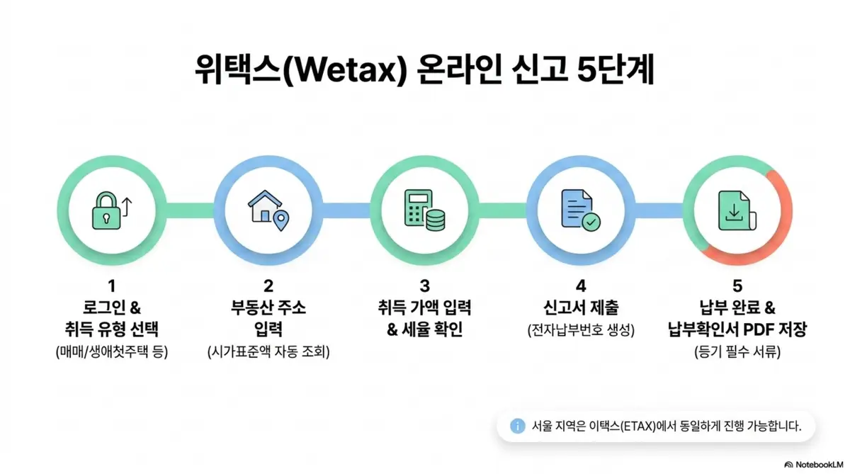부동산 취득세: 위택스에서 부동산 취득세를 온라인으로 신고하는 5단계 절차를 로그인부터 납부 완료까지 순서도로 나타낸 인포그래픽 이미지. 이 이미지는 취득 유형 선택과 부동산 주소 입력 및 세율 확인 그리고 신고서 제출과 납부확인서 저장까지의 흐름을 시각적으로 전달하며 블로그의 위택스 취득세 신고 방법과 관련된 내용을 설명함 