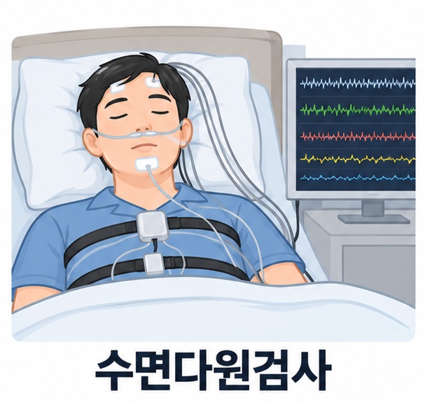 수면다원검사에서 머리와 몸에 센서를 붙이고 잠을 자며 수면 상태를 기록하는 안내 이미지