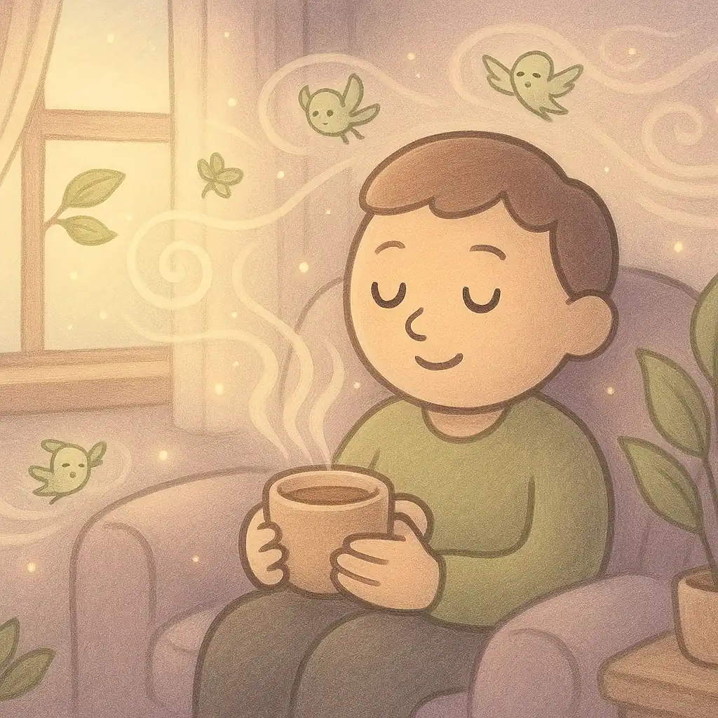 맑고 깨끗한 공기가 가득한 방 안에서 창가에 앉아 편안하게 차를 마시거나 명상하며 미소짓는 사람의 모습, 심리적 안정과 회복, 그리고 쾌적한 환경을 표현