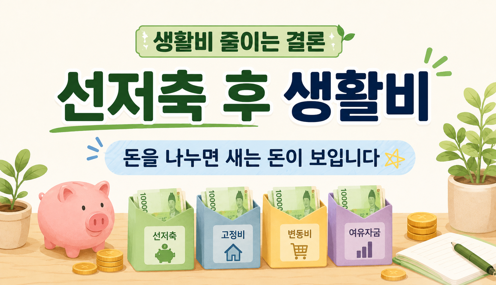 생활비를 줄이려면 선저축 후 생활비를 정해야 한다는 하단 이미지