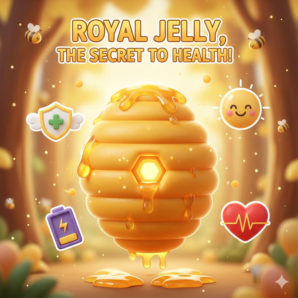 건강과 활력을 상징하는 벌집과 로얄제리 주변으로 면역력, 피부, 에너지, 혈관 건강을 나타내는 귀여운 아이콘들이 그려진 3D 카툰 일러스트.