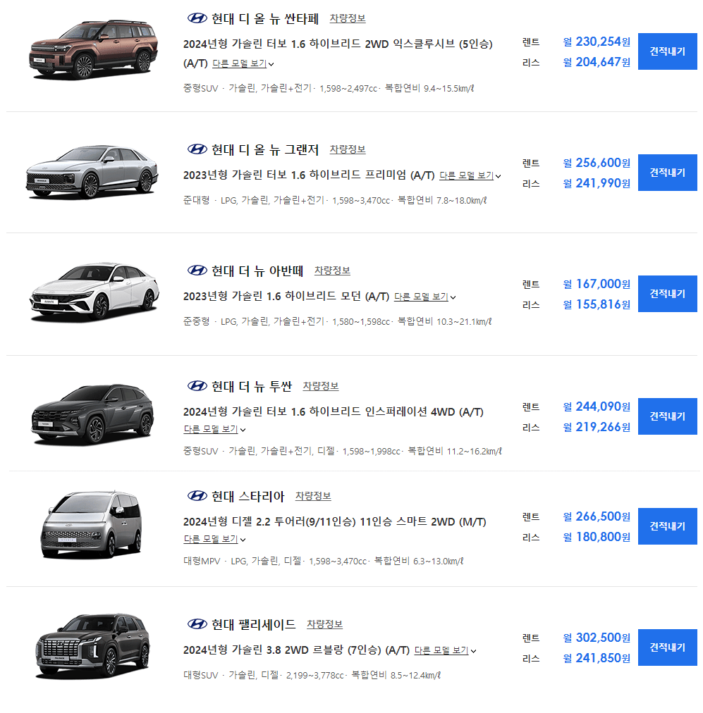 장기 렌트카 2024 가격표 가격비교(현대,기아,제네시스)