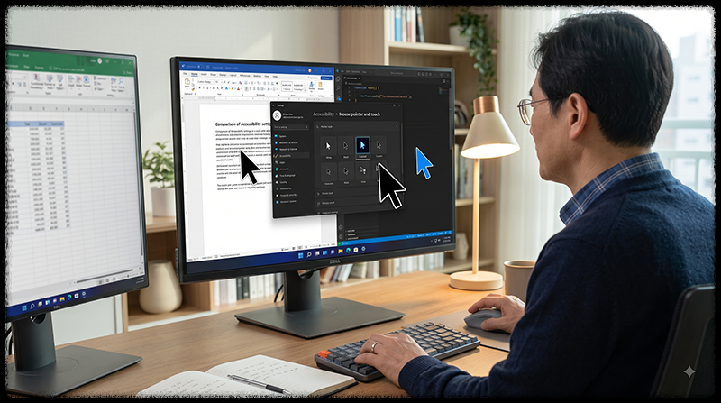 Windows 11에서 흰색 검은색 반전 마우스 포인터 스타일을 비교하는 모습