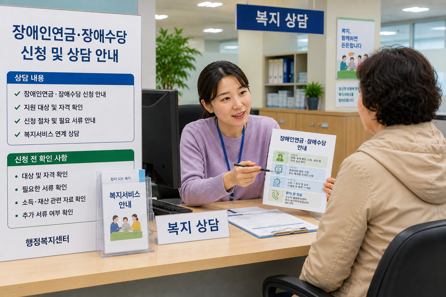 장애인연금과 장애수당 신청 전 복지 상담을 받는 모습