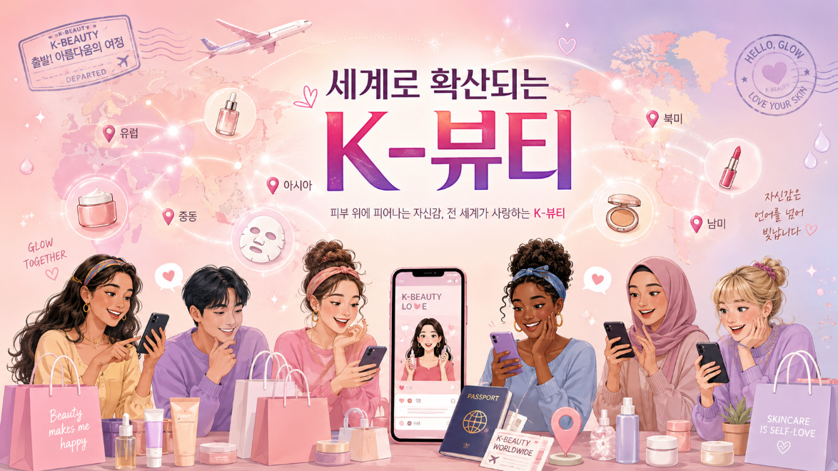 K-팝 팬덤을 통해 K-뷰티가 세계 시장과 한류 소비로 확산되는 모습을 표현한 이미지