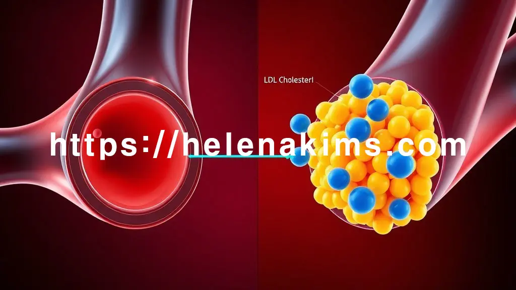 인체 혈관 단면을 투명하게 보여주는 과학적이고 깔끔한 그래픽. 붉은 혈류 속, 둥글고 푸른 HDL 콜레스테롤 입자들이 혈관 벽에 쌓인 울퉁불퉁한 노란색 LDL 콜레스테롤 입자를 포획하여 간으로 운반하는 과정을 역동적으로 묘사 한 모습.
