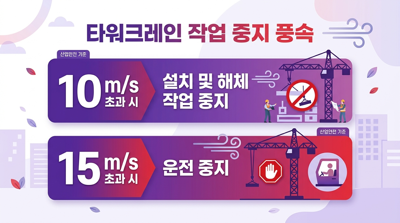 타워크레인 작업중지 풍속 기준(10m, 15m)을 보여주는 경고 인포그래픽