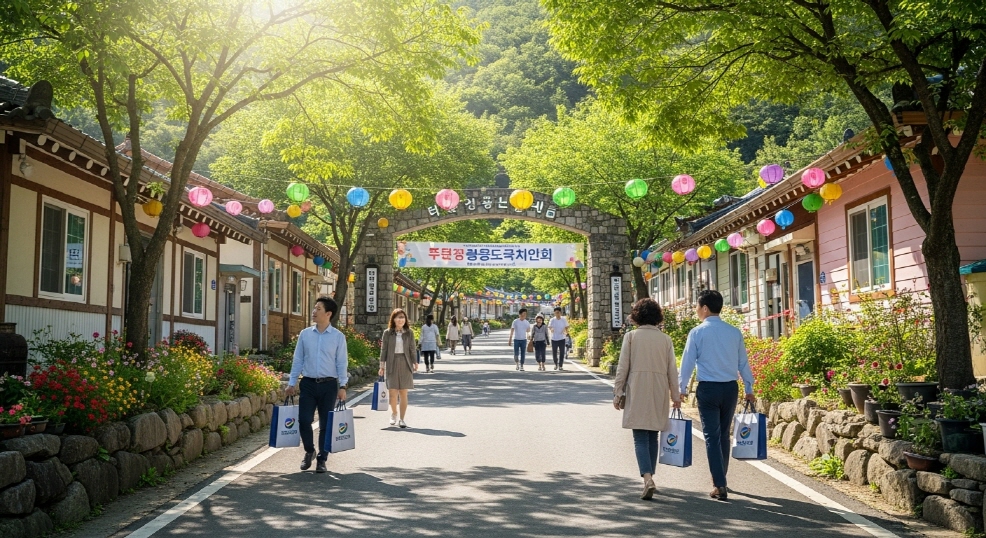 농촌 마을 입구 간판과 시골 도로 풍경