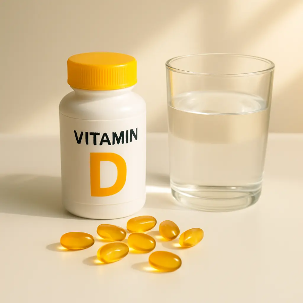 비타민D 보틀과 노란색 젤리 캡슐, 옆에 햇살을 머금은 투명한 물컵이 함께 배치된 스튜디오컷