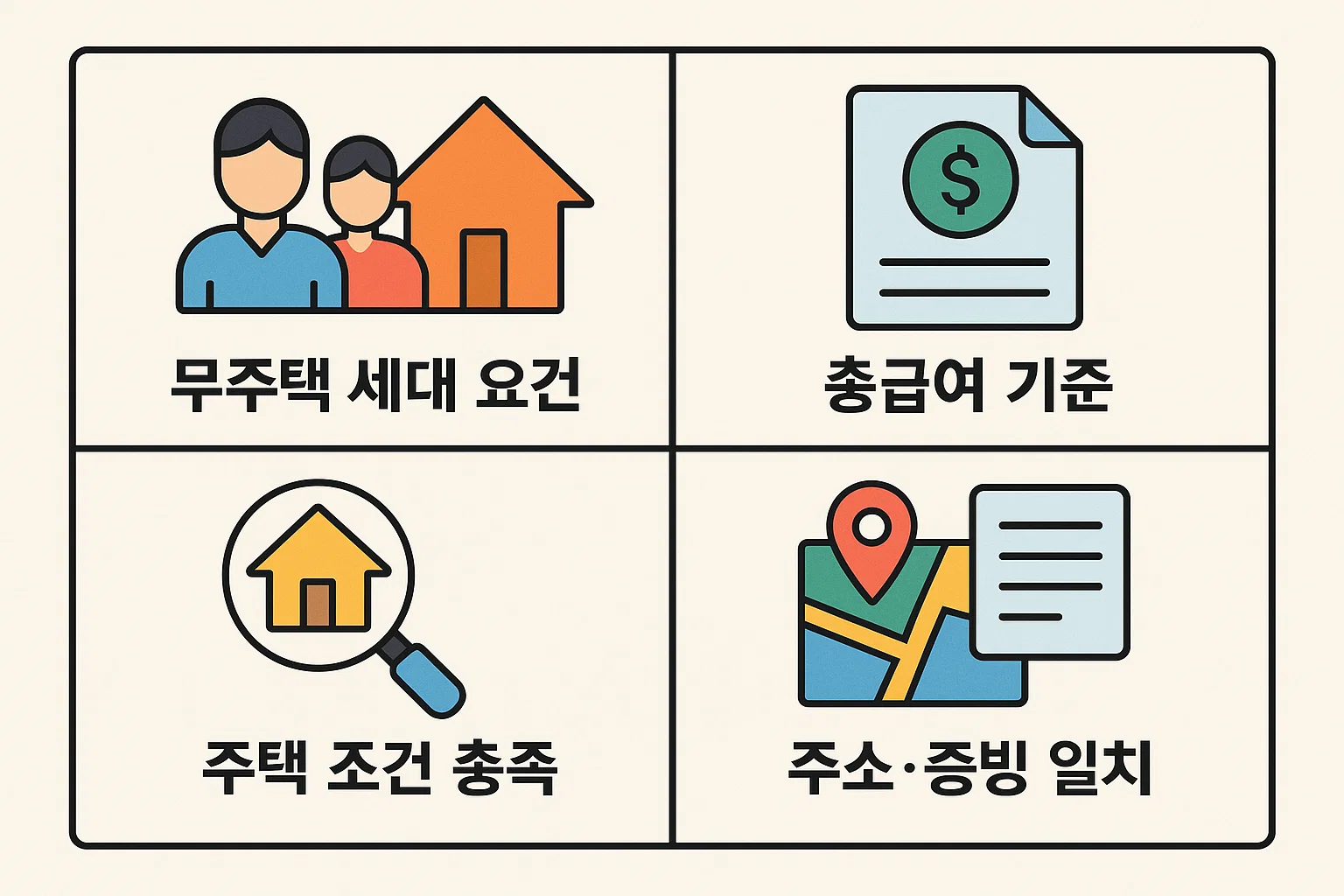 2025년 월세 세액공제 신청 자격인 무주택 세대 요건, 총급여 기준, 공제 대상 주택 요건, 주소와 증빙 일치 여부를 핵심적으로 정리한 인포그래픽