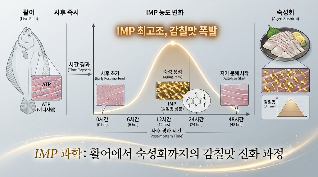2단계 IMP 과학을 설명하는 학구적인 일러스트입니다. 흰살 생선(광어)의 사후 시간 경과에 따른 IMP 생성 과정을 그래프와 미세 구조로 보여줍니다. 생선이 죽은 직후 ATP 분해 과정을 거쳐 사후 12~24시간 사이에 IMP 농도가 최고조에 달하며 감칠맛이 폭발하는 구간을 시각적으로 강조했습니다. 활어회에는 없고 선어&middot;숙성회에만 존재하는 깊은 맛의 비밀을 과학적으로 설명합니다. (과학 인포그래픽)