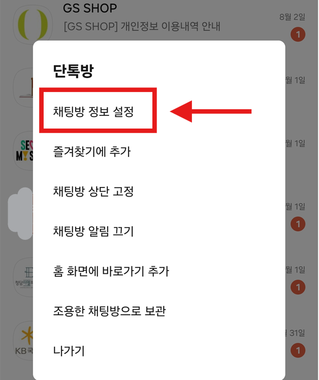 방법 2: 메뉴에서 '채팅방 정보 설정' 선택하기
