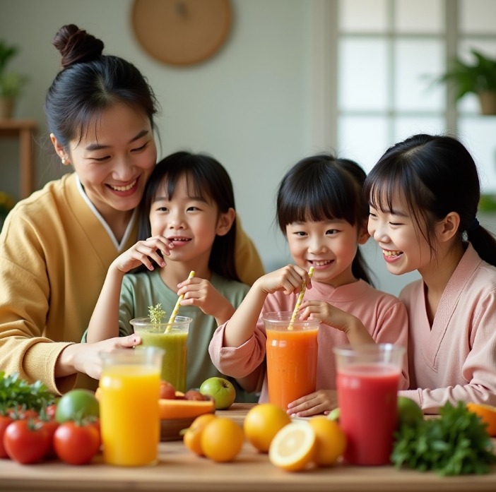 디톡스 주스 마시는 가족 이미지