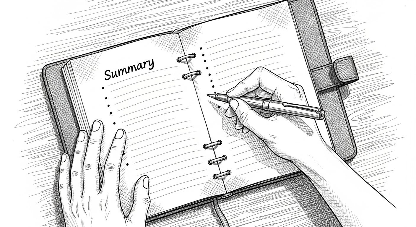 수첩에 발표 핵심 내용을 요약하는 모습