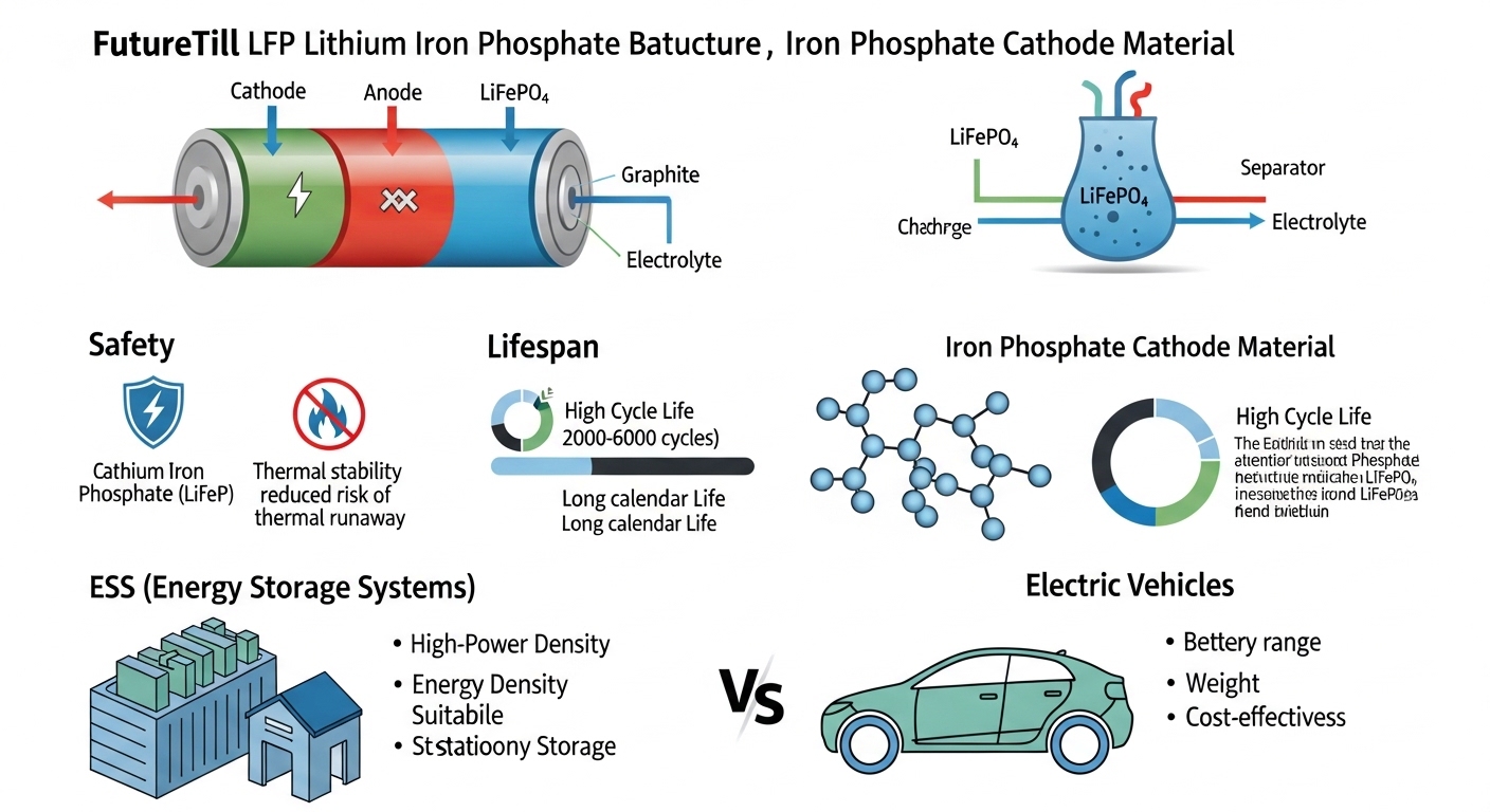 LFP 리튬인산철 배터리 구조 인산철 양극재 안전성 수명 ESS 전기차 차이점 인포그래픽 퓨처틸