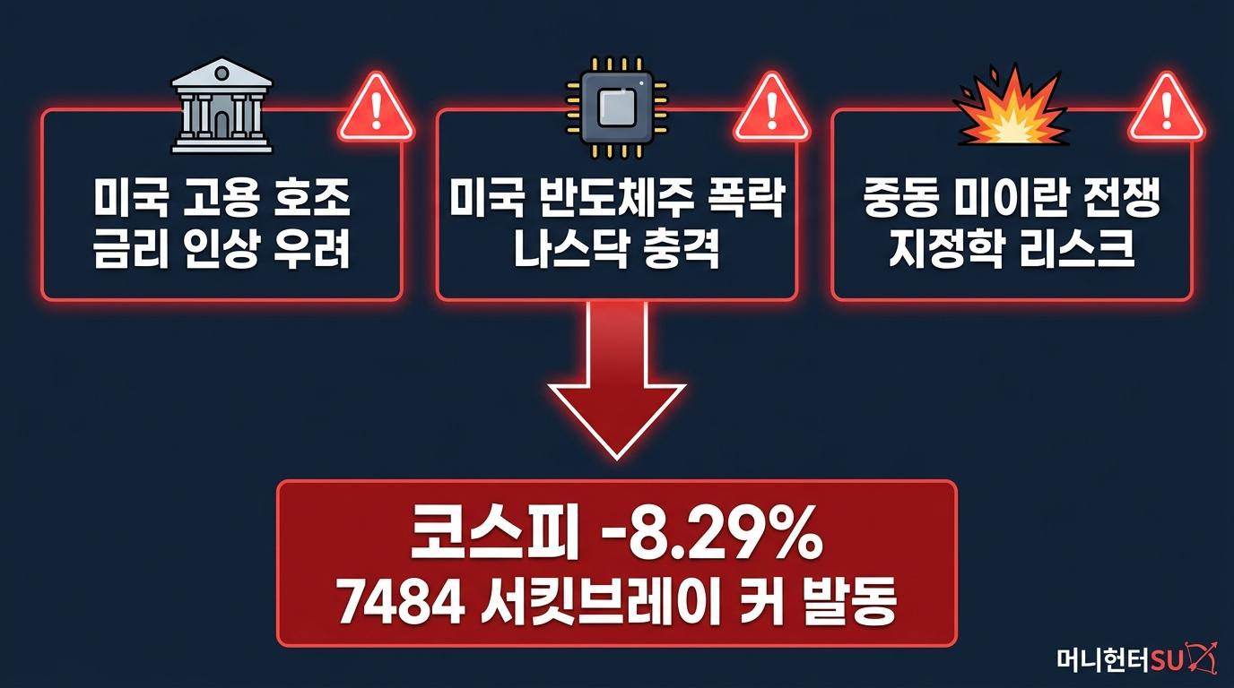 2026년 6월 8일 코스피 급락 3대 원인 도식 금리 인상 반도체 중동 리스크