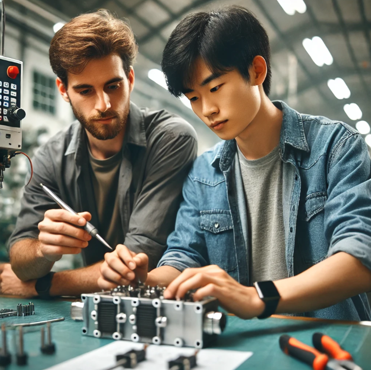 한국의 공장에서 일하는 근로자와 외국인 근로자