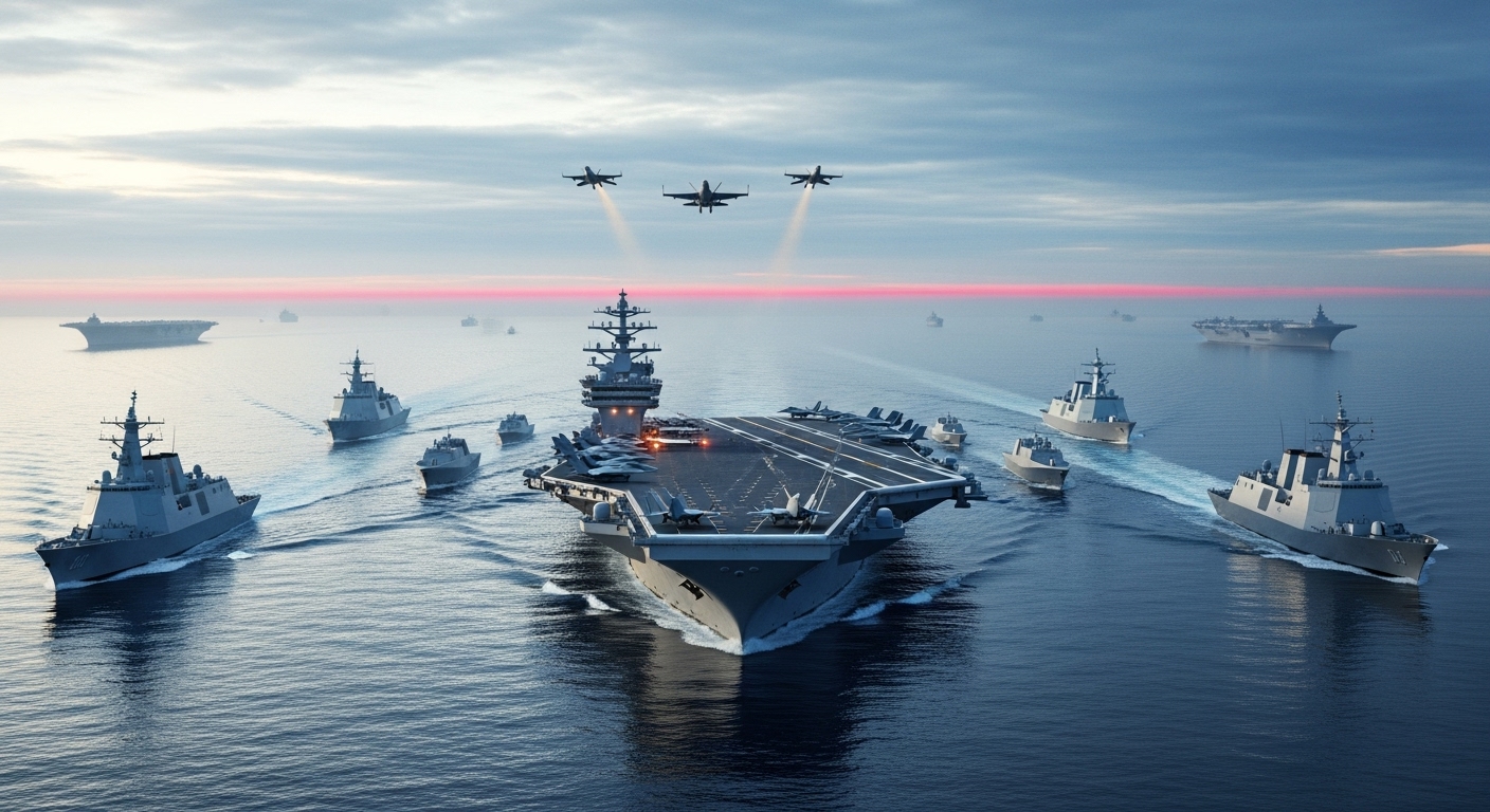 미국 항공모함을 중심으로 한 연합 함대가 남중국해를 항해하며 인도-태평양 지역의 해양 안보 전략을 펼치는 모습.