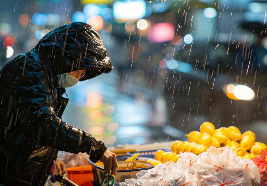 가을장마 속 장보는 소비자의 모습, 오르지 않는 농산물 가격을 체감하는 장면