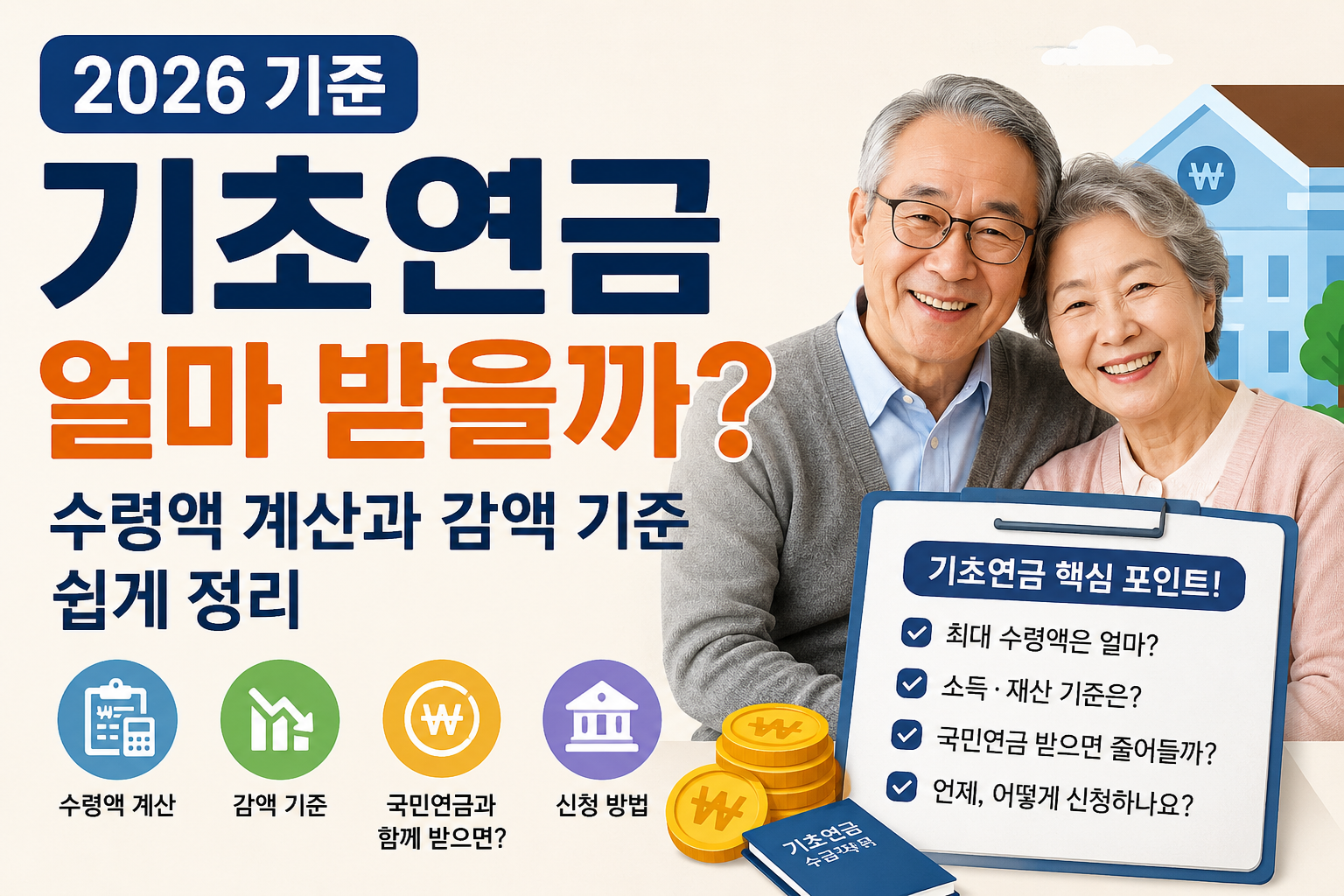 2026 기초연금 수령액 계산과 감액 기준, 국민연금 연계 여부를 설명하는 대표 이미지