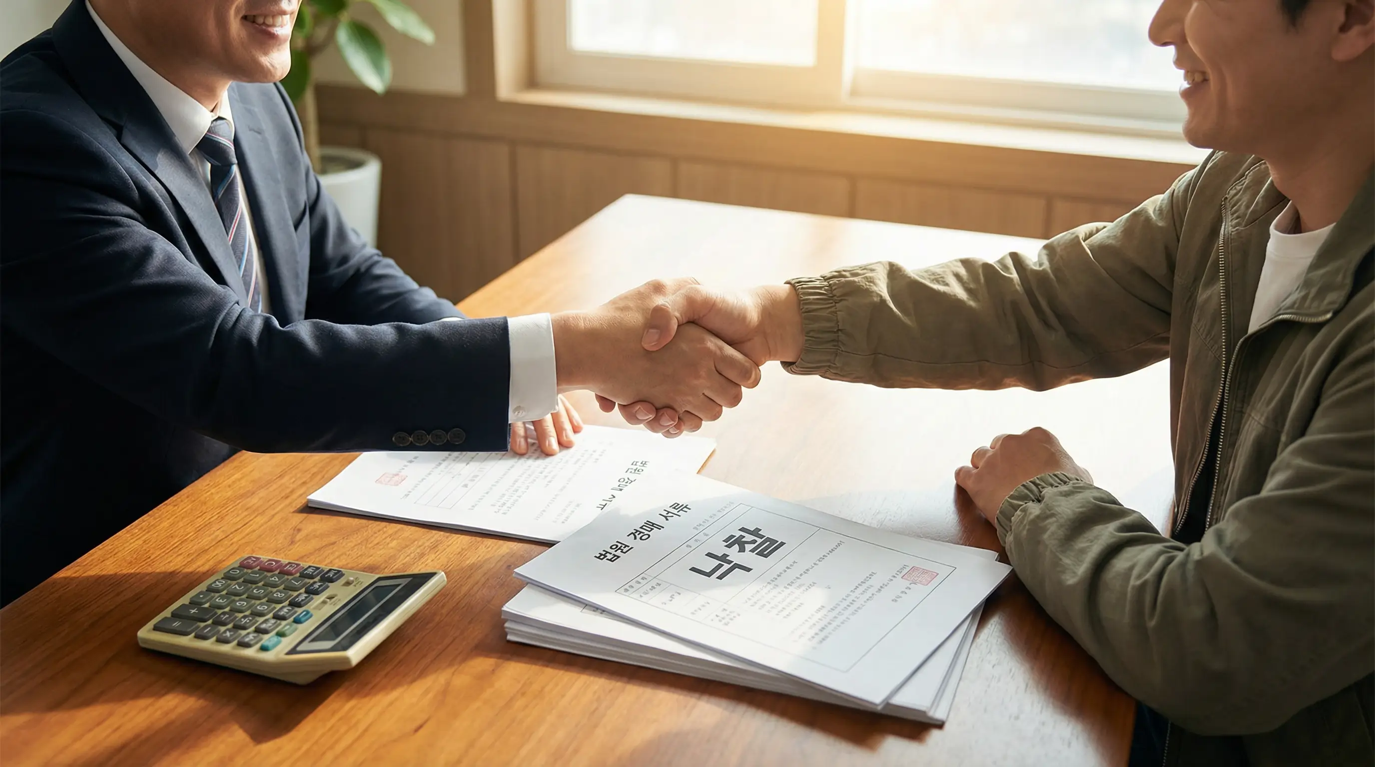 협상 테이블 위에 놓인 법원 경매 서류와 계산기, 그리고 악수하는 손을 보여주는 긍정적인 이미지