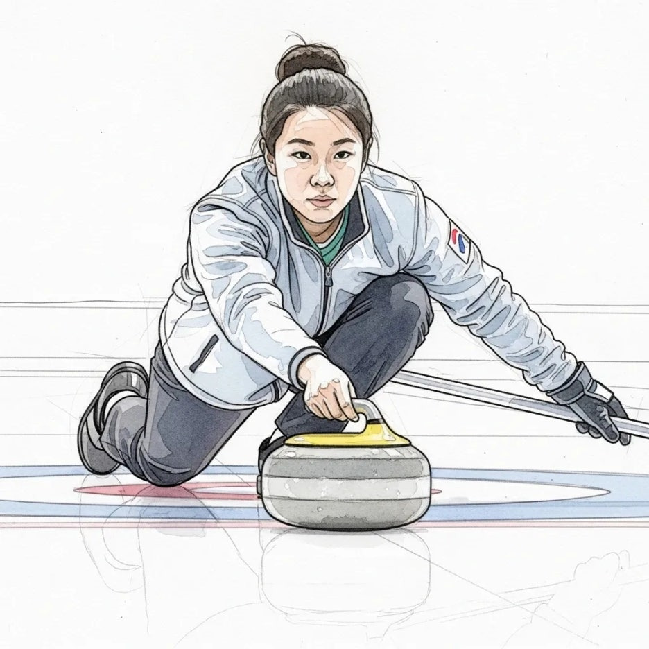 핵에서 스톤을 던지려는 컬링 선수의 모습