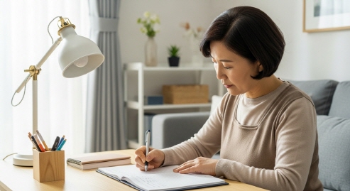 가족이 돌봄 기록을 작성하는 모습