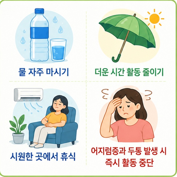 폭염특보가 발표되면 물을 자주 마시고 더운 시간대의 야외활동을 줄이며 시원한 장소에서 휴식해야 함을 보여 주는 그림