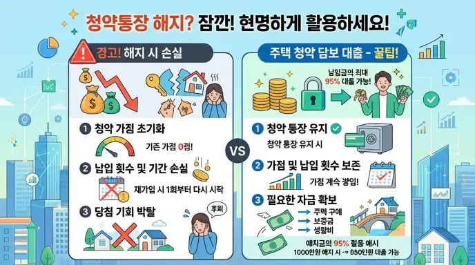 청약통장 해지 시 날아가는 가점과 납입 횟수의 손실을 경고하고, 주택 청약 담보 대출을 통해 원금의 95%를 활용하는 꿀팁 인포그래픽