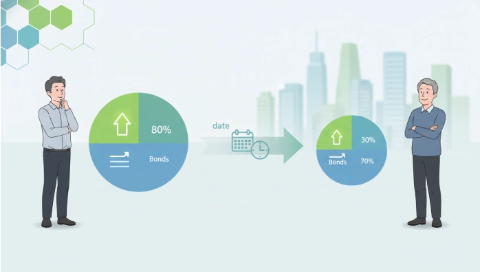 시간이 지남에 따라 주식 비중이 줄고 채권 비중이 늘어나는 TDF(Target Date Fund)의 자동 자산 배분 변화를 시각화한 인포그래픽