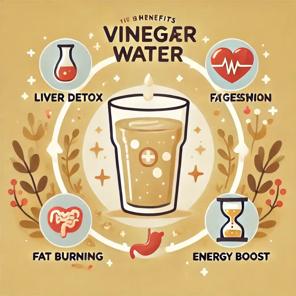 "식초물의 건강 효능을 시각화한 인포그래픽, 간 해독·지방 분해·소화 촉진 등 주요 효과 표현"