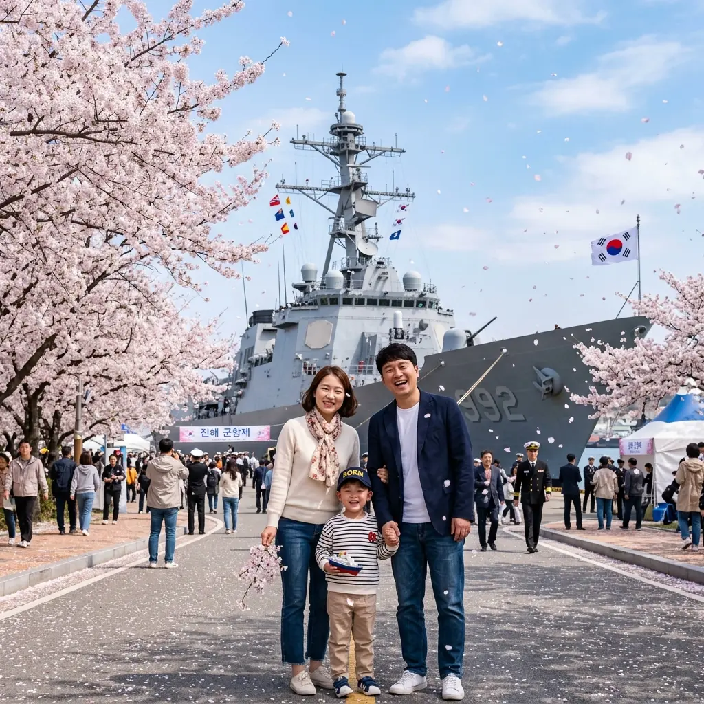벚꽃이 만개한 진해 해군사관학교에서 대형 해군 함정을 배경으로 기념사진을 촬영하는 가족의 모습.