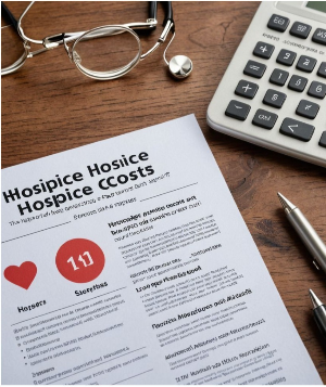 alt=Hospice care cost breakdown document with calculator and glasses on table