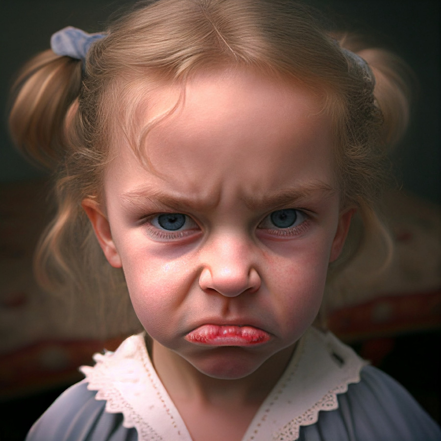 노랑머리를 한 서양 어린아이가 입을 꽉 다물고 미간을 찌뿌리며 화가 나 있는 것을 얼굴에 표현하고 있는 것을 찍은 사진