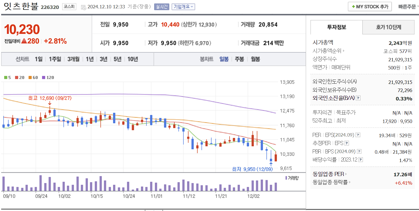 화장품 관련주 잇츠한불 일봉 차트