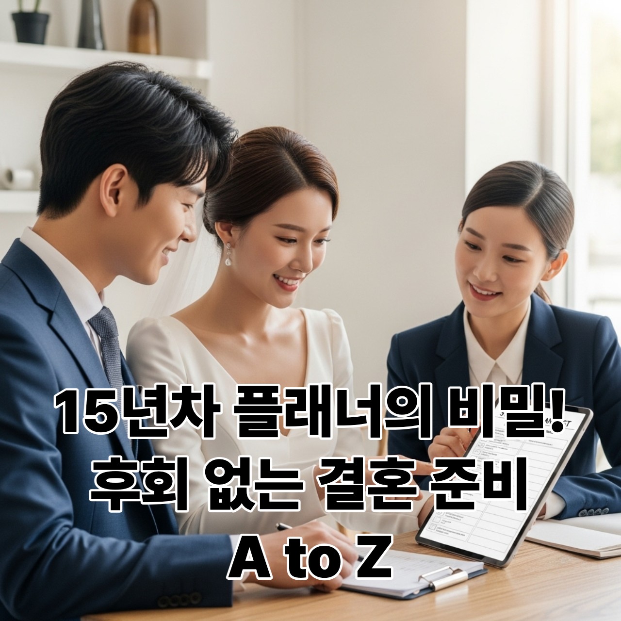 웨딩 플래너와 함께 태블릿으로 결혼 준비 체크리스트를 확인하며 미소 짓는 한국인 예비 신랑 신부의 모습.