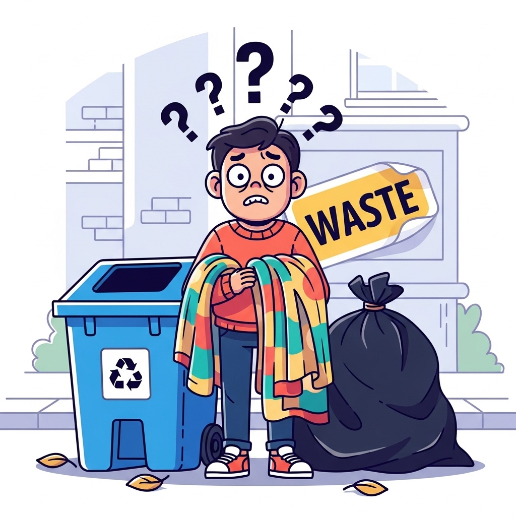 이불을 들고 난감해하며 종량제 봉투와 폐기물 스티커를 번갈아 보는 사람의 캐릭터. 배경에는 혼란스러운 이불 더미