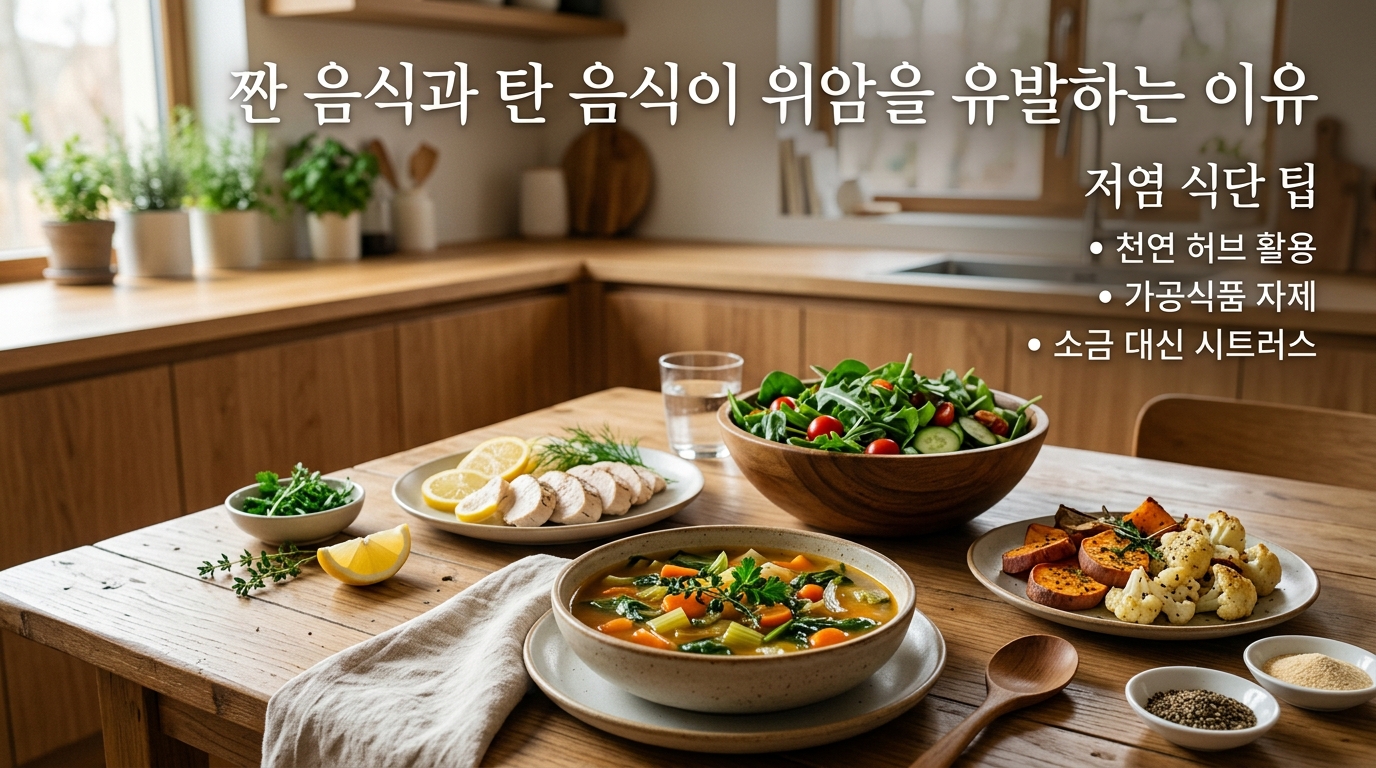 햇살이 비치는 아늑하고 깨끗한 주방 식탁 위에 나트륨을 줄이고 신선한 채소와 담백한 요리들로 건강하게 차려진 저염 식단의 모습. '짠 음식과 탄 음식이 위암을 유발하는 이유', '저염 식단 팁'이라는 문구가 적혀 있어, 위장을 보호하는 올바른 식습관의 중요성을 시각화함.
