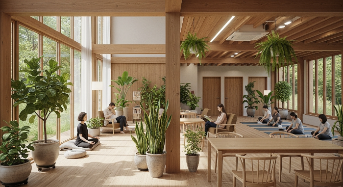자연 채광이 가득한 친환경 커뮤니티 센터 내부에서 사람들이 휴식하는 모습