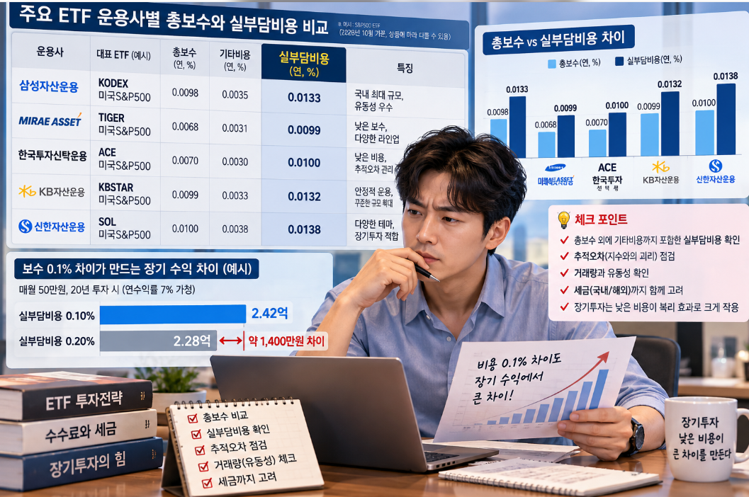 ETF 총보수와 실부담비용을 운용사별로 비교하는 투자 점검 장면